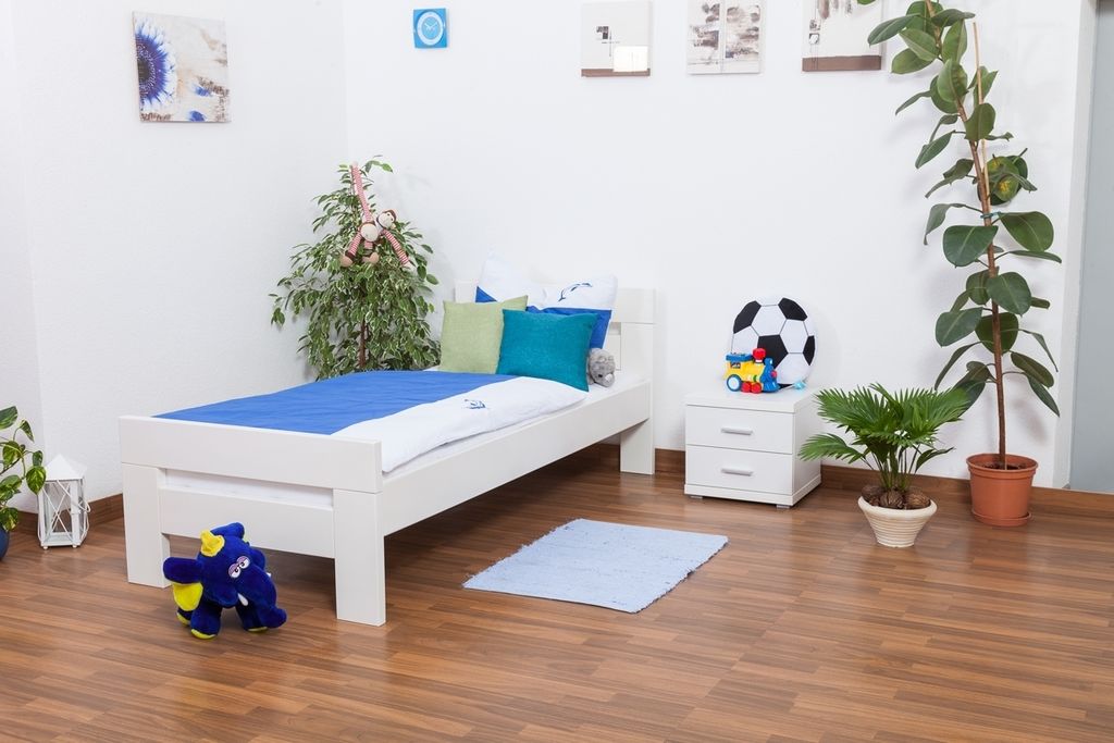 Kinderbett 90 x 200 cm | Massivholz: Buche | Weiß Lackiert