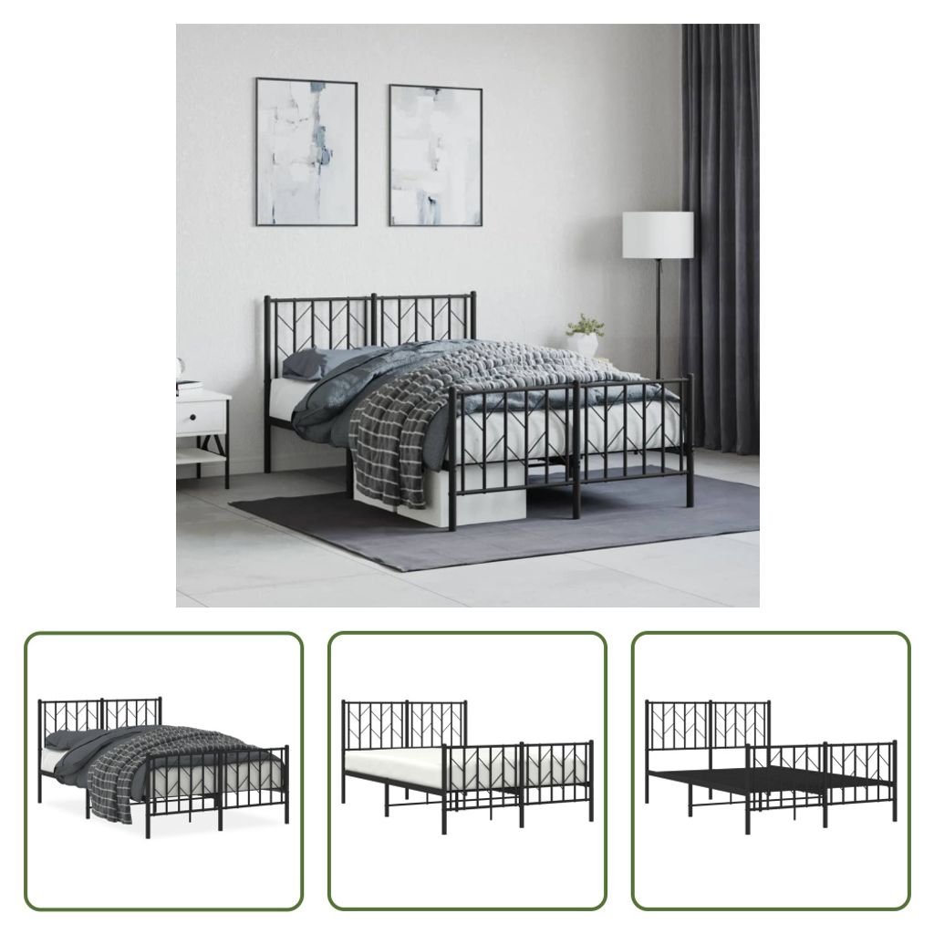 The Living Store Bettgestell mit Kopf- und Fußteil Metall Schwarz 120x200 cm