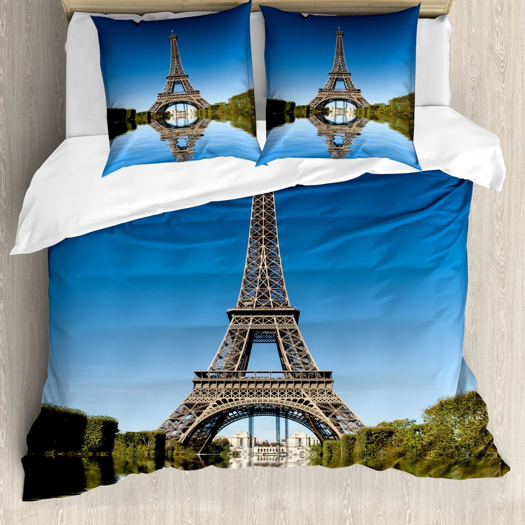 ABAKUHAUS Paris Bettbezug, Eiffel Wasser Spiegelung, Milbensicher Allergiker geeignet mit Kissenbezügen, 200 cm x 200 cm - 80 x 80 cm, Grün, Grau...