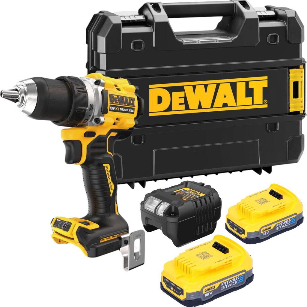 A DeWALT cordless drill and accessories are displayed on a white background, with a black carrying case behind them.