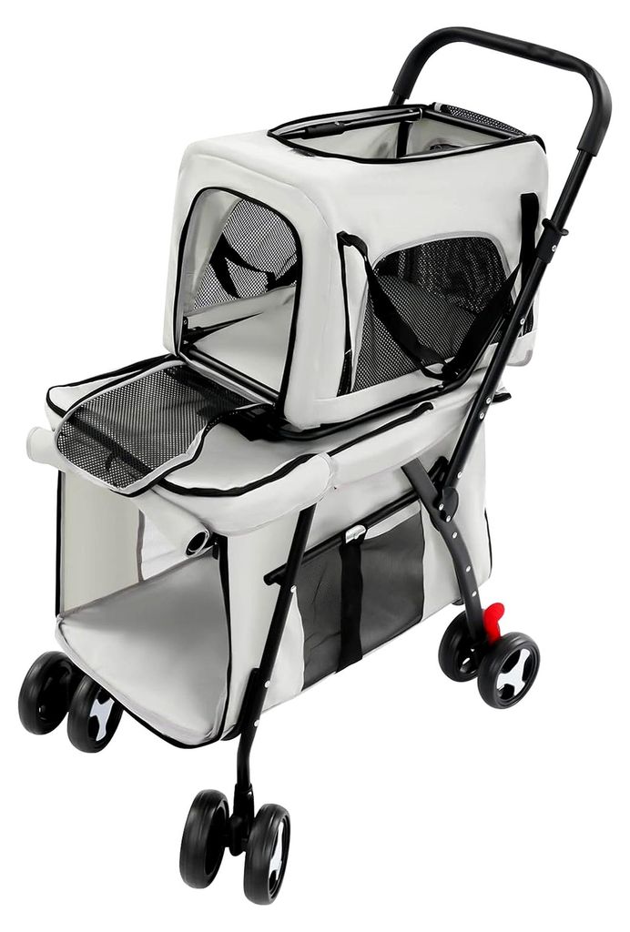 Faltbarer doppelstöckiger Haustierstroller 51x64x105cm mit abnehmbarer oberer Transportbox, Netzeinsätzen und verstellbarem Gurt, klappbarer Wage...