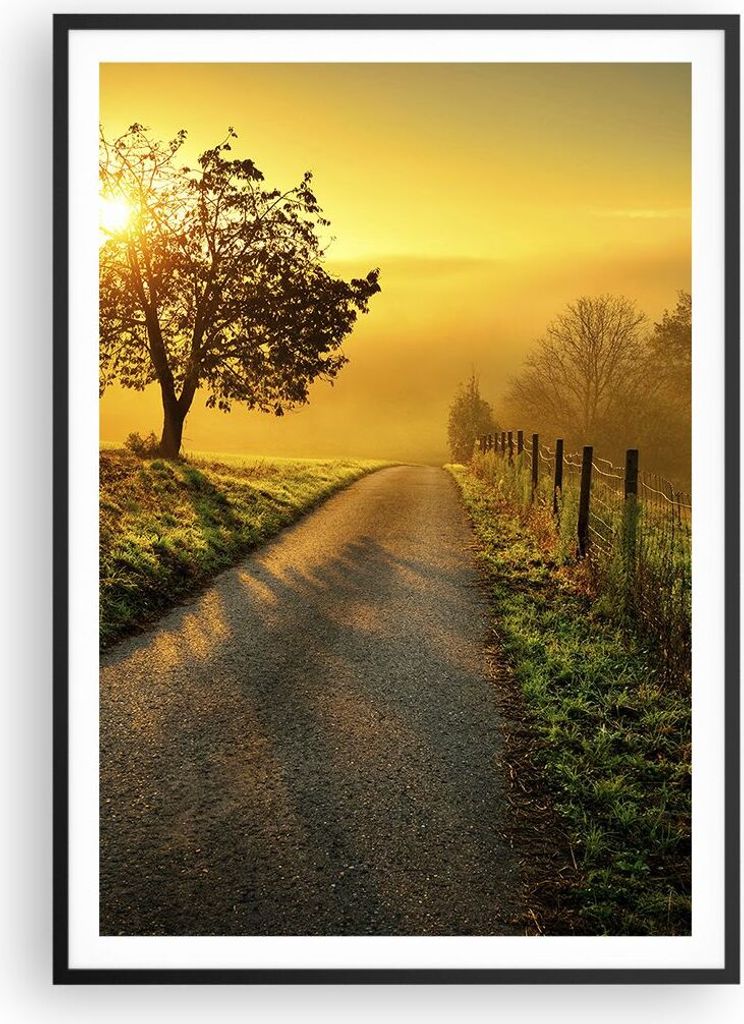Gerahmtes Poster - Schwarzer Rahmen - Feld Straße Baum - 70x100 cm - Wand Bild - Wanddeko - Wandbilder - Kunstposter - Wandposter - Bilderrahmen -...