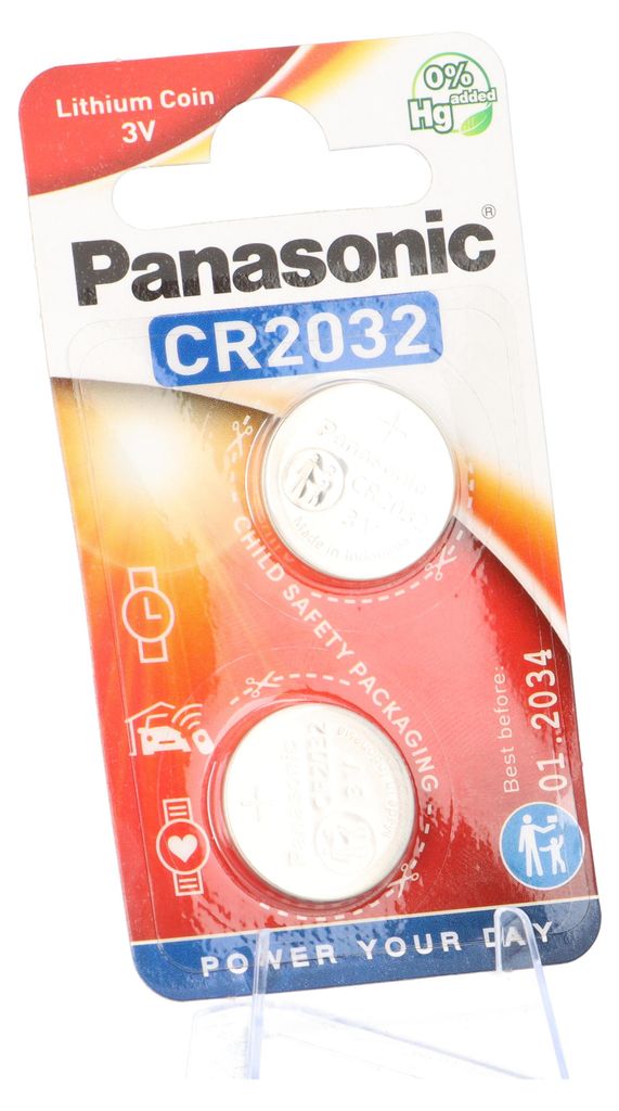 A retail package containing two Panasonic CR2032 lithium coin batteries.