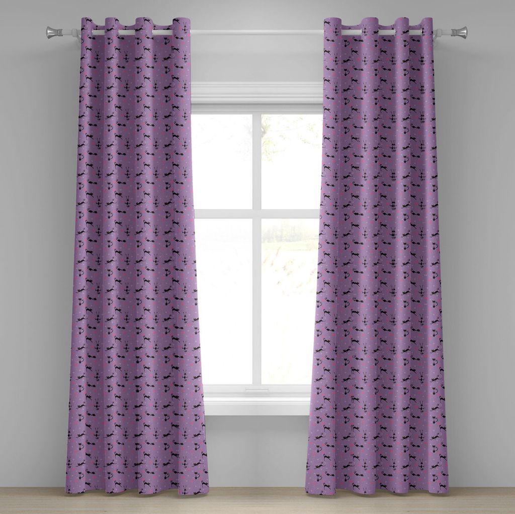ABAKUHAUS Lila Ösenvorhang, Unglückliche schwarze Katze mit Herz gefüllt Hintergrund Valentinstag Tier Spaß, Dekorative 2-Panel-Fenstervorhäng...