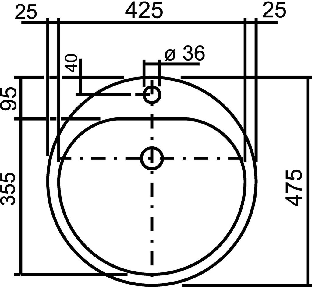 A top-down technical drawing with dimensions of a sink basin.