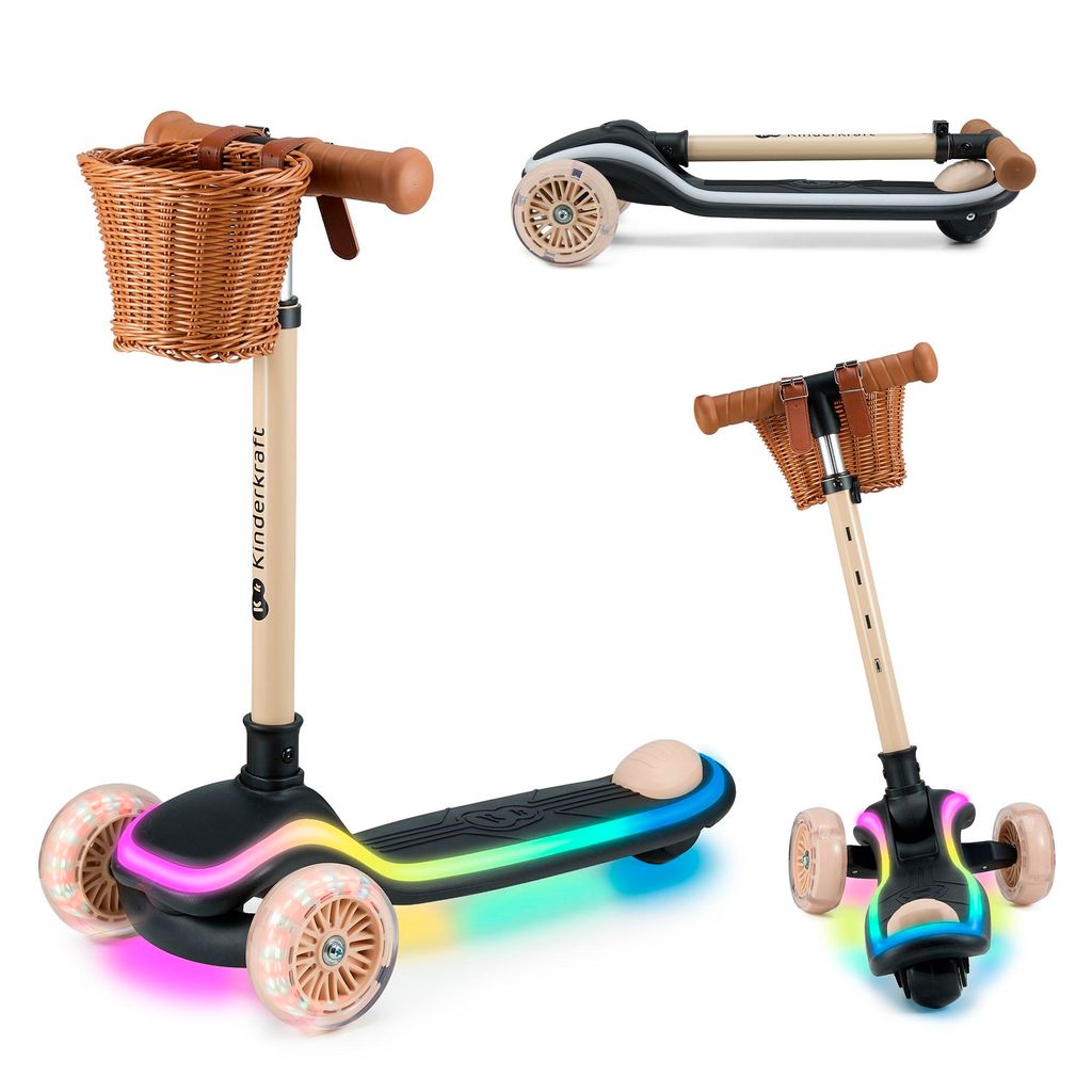 Kinderkraft RAKET - Kinderroller – 3 Räder – LED-Plattform & RGB-Räder – Höhenverstellbar – Klappbar – Ab 2 Jahren – Bis 50 kg, Beige