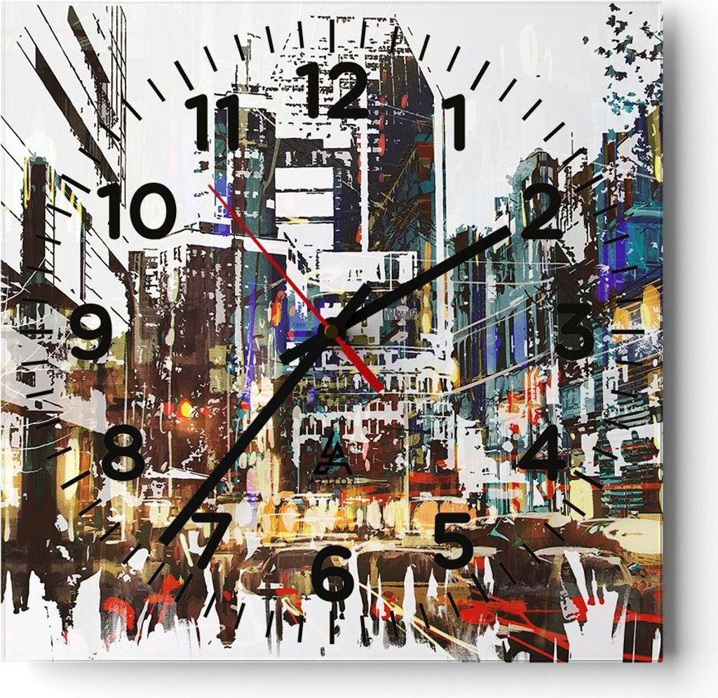 Wanduhr - Quadrat - Glasuhr - Stadt Straße Haus - 40x40cm - Produktbild 