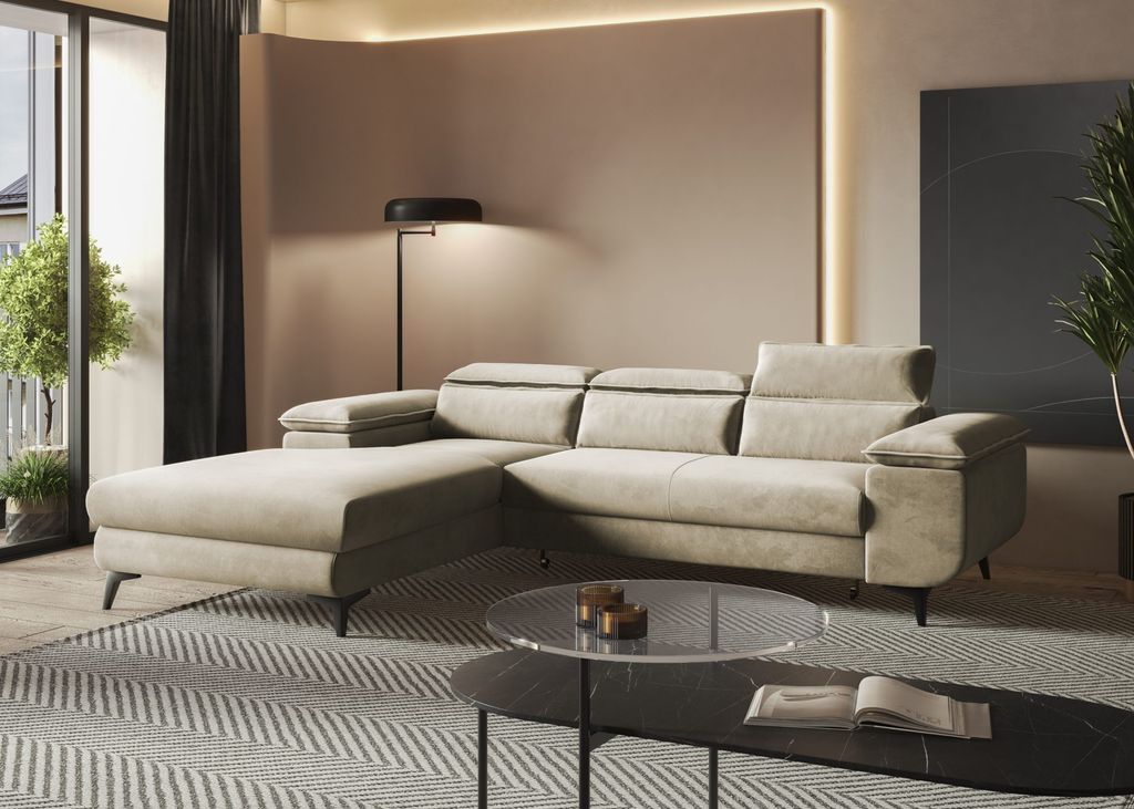 Easy4You FLAT Ecksofa Beige L-Form Links 276 x 74 x 205 cm mit Schlaffunktion und Stauraum - Schlafsofa mit Bettkasten - Moderne Wohnzimmermöbel ...