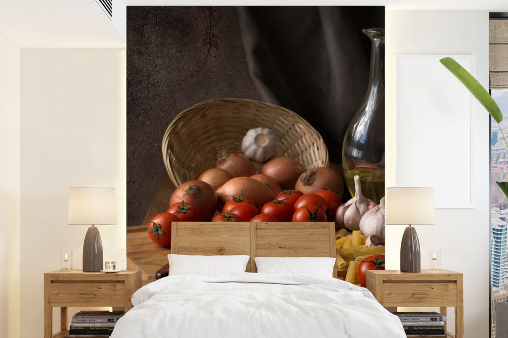 MuchoWow Fototapete für Wohnzimmer oder Schlafzimmer Wandtapete Vinyl Motivtapete Schneidebrett - Gemüse - Stillleben - Pasta - Aus - Tomate - ...