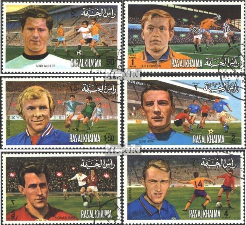 Briefmarken Ras al Chaima 1972 Mi 745A-750A (kompl.Ausg.) gestempelt Bekannte europäische Fußballspieler