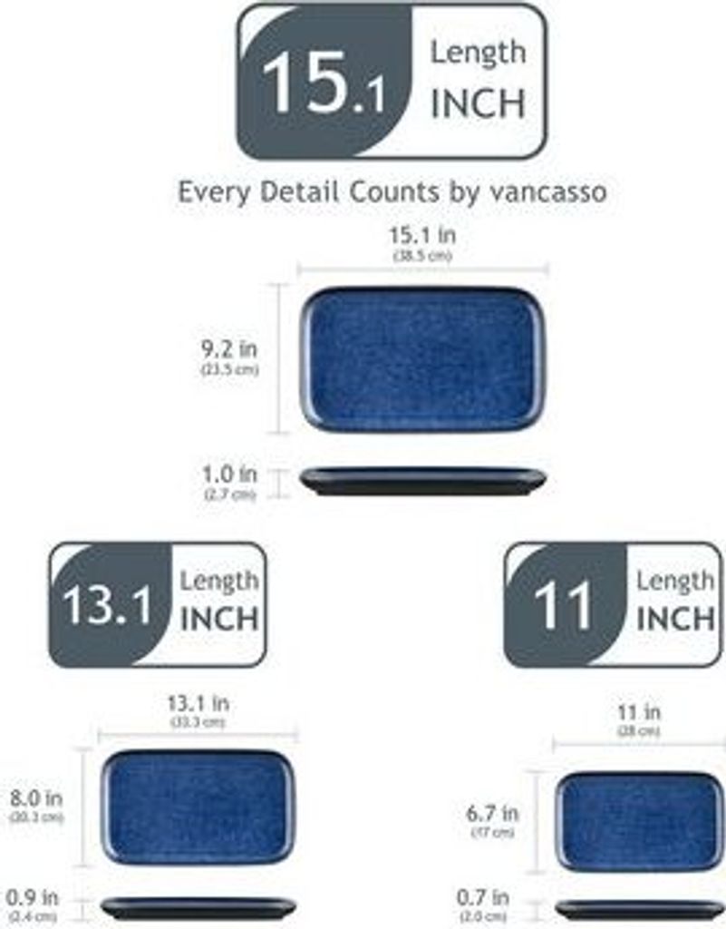 Vancasso STERN Servierplatten-Set 3-teilig – Blau, Rechteckig, Steingut, Spülmaschinenfest
