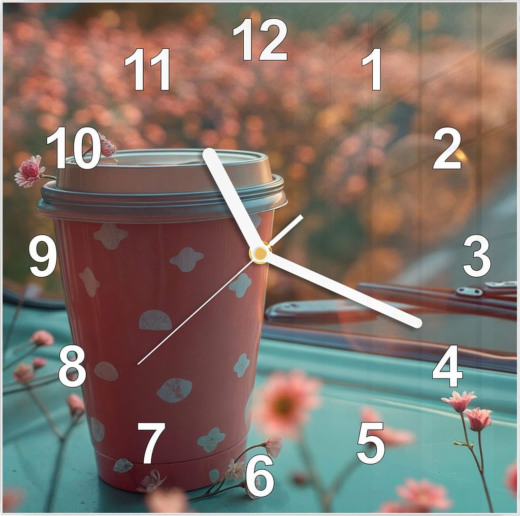 Wanduhr aus Glas mit Motiv Kaffeebecher im Bus- 30 x 30 cm - inkl. Aufhängesystem
