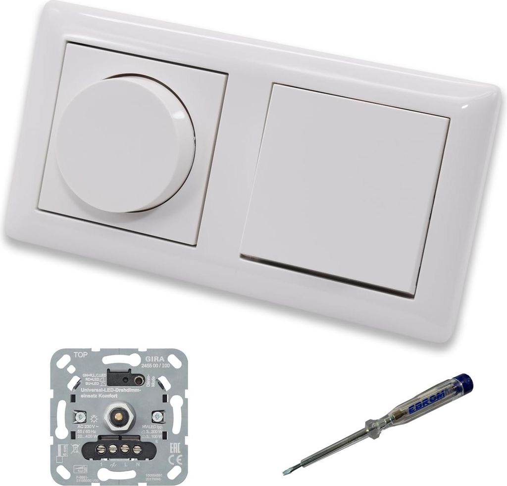 GIRA 245500 LED Drehdimmer Dimmer + Dimmerscheibe Zentralscheibe 065003 und Kreuzschalter 010700 in System55 reinweiß glänzend inklusive EBROM Ph...
