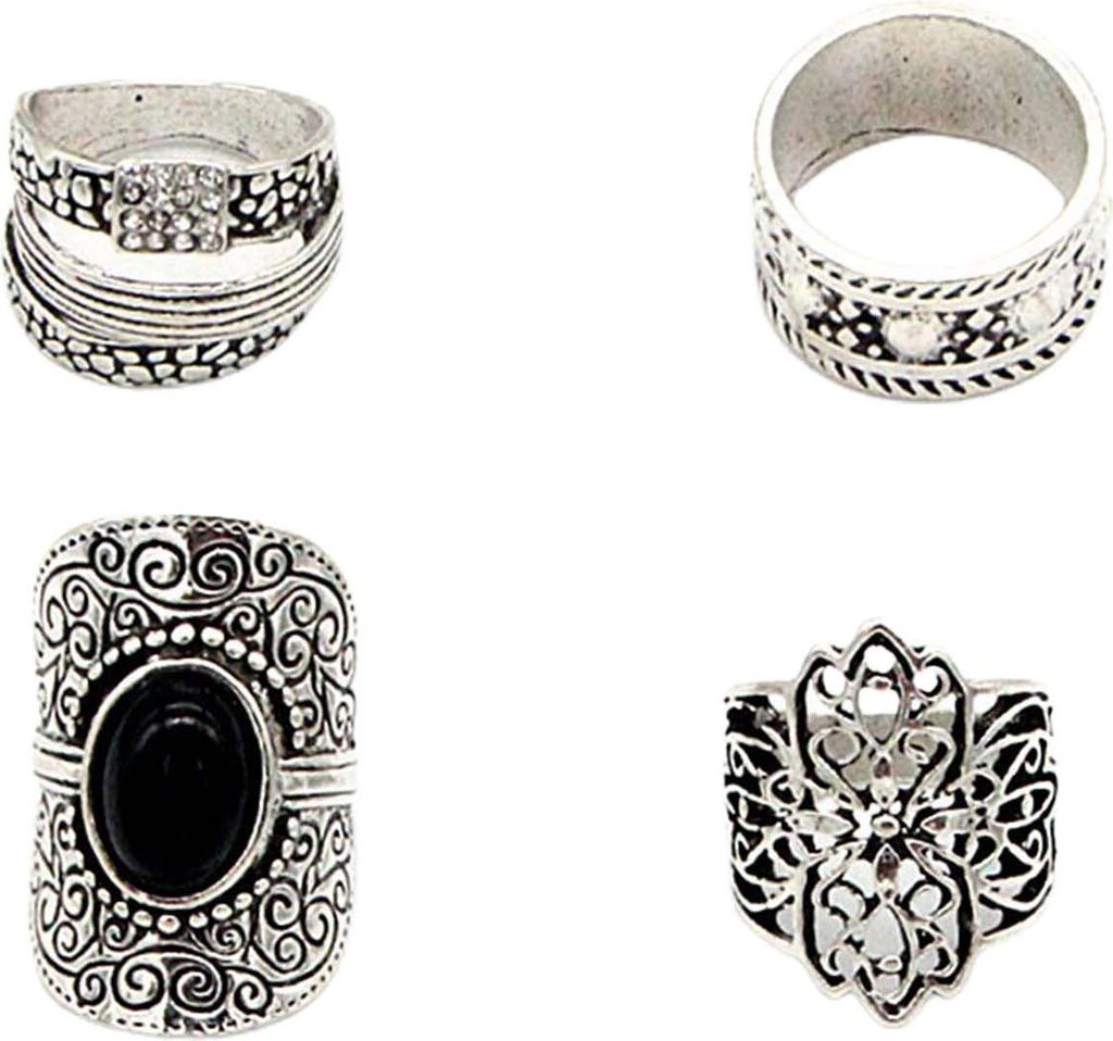 4 Teile/satz Uni Ringe Breite Ethnische Stil Legierung Hohl Geschnitzte Muster Knuckle Ringe Schmuck Zubehör-Silber