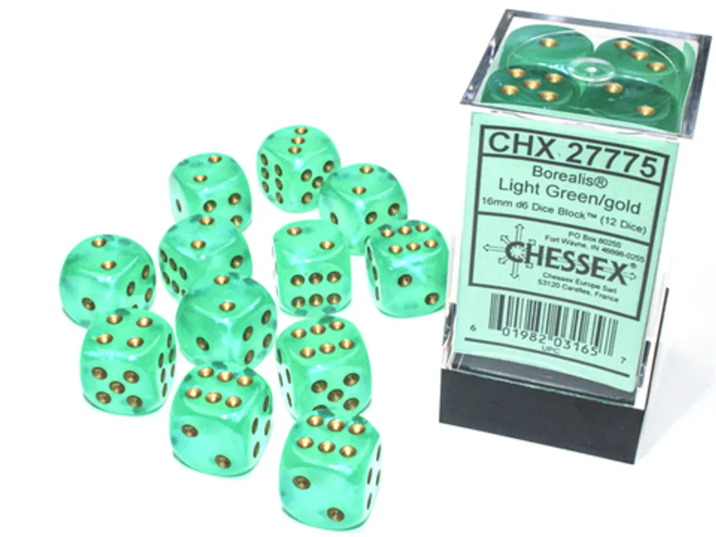 Set de Dés JDR Chessex Borealis D6 Vert Or Idéal pour Jeux de Rôle