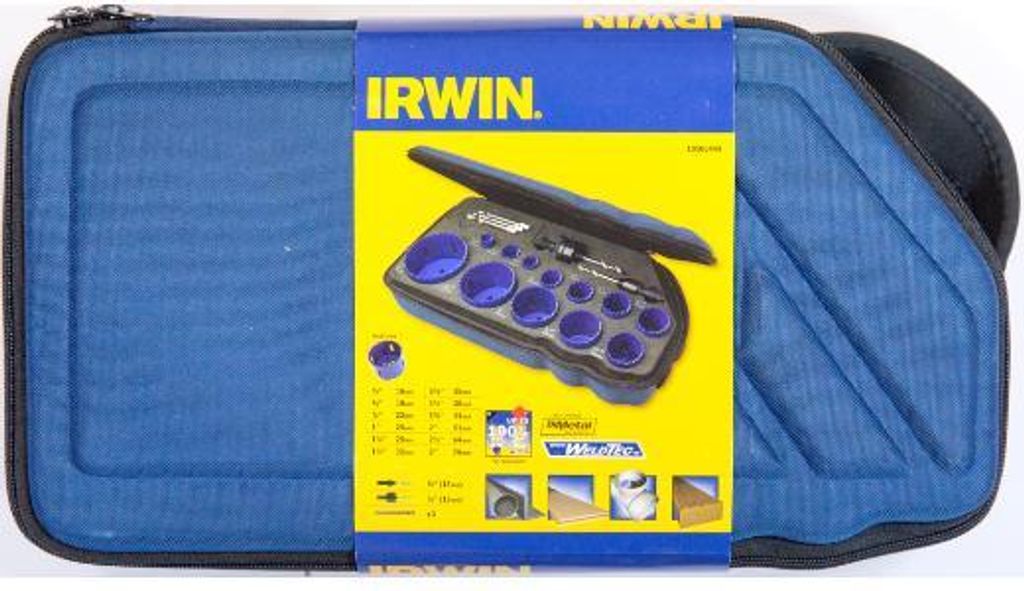 IRWIN 10506444 - Set of Kronen 1200G: 16, 19, 22, 25, 29, 32, 35, 38, 44, 51, 64, 76 mm, Spindeln 10504533 und 10504535, 3 Pilotbohrer