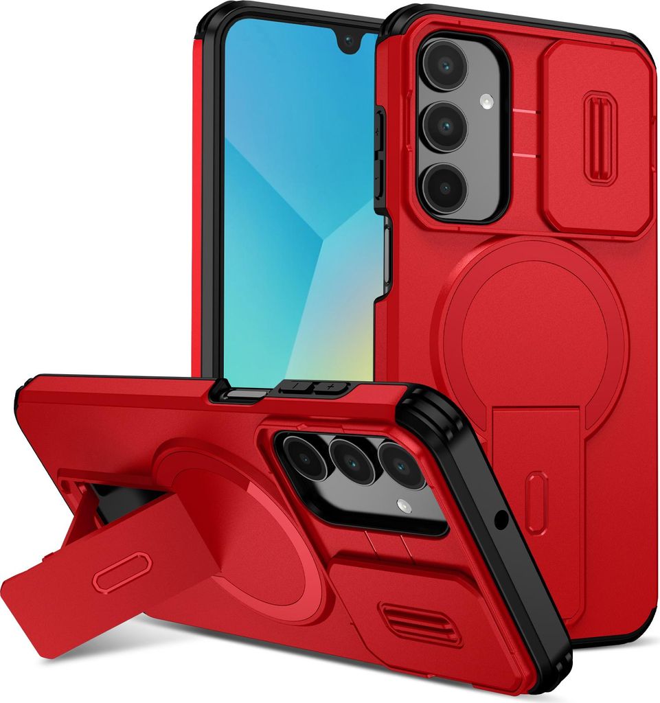 A red phone case with a kickstand and camera cover is displayed from multiple angles against a white background.