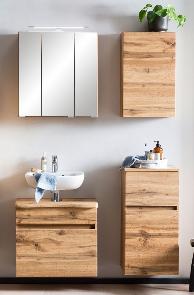 Badezimmermöbel Set VIDAGO-03 in Wotan Eiche Nb. mit Abdeckplatte in Baumkanten Optik und LED Beleuchtung, B/H/T: ca. 116/200/40 cm