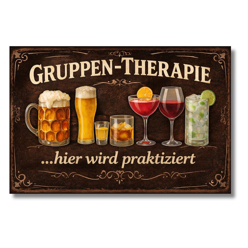 Gruppen-Therapie „Hier wird praktiziert“ Premium Metall Schild – Alu-Verbundplatte 30x20 cm – Vintage Party & Spaß Deko für Wand und Tisch