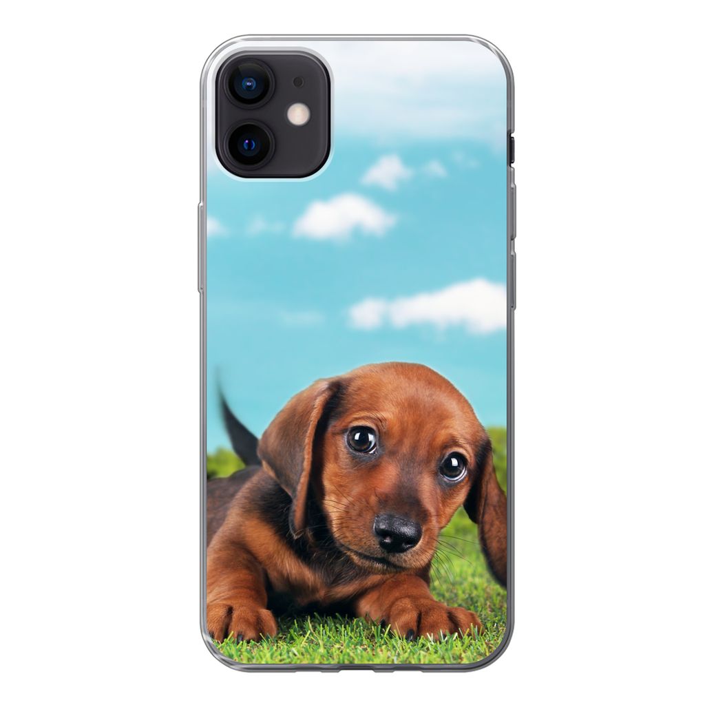 MuchoWow Handyhülle Schutzhülle Hülle für iPhone 12 mini Schöner Himmel über einem niedlichen Dackelwelpen Silikon Softcase Handy Hülle - ...