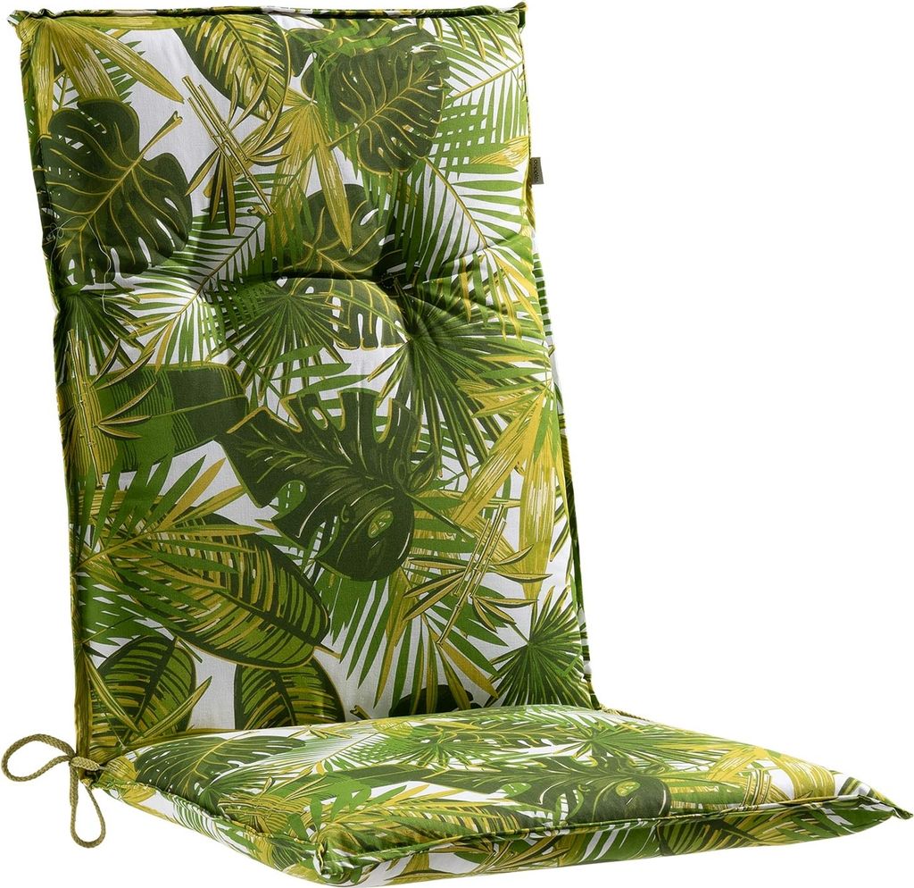 A high-back chair cushion with a tropical palm leaf pattern.