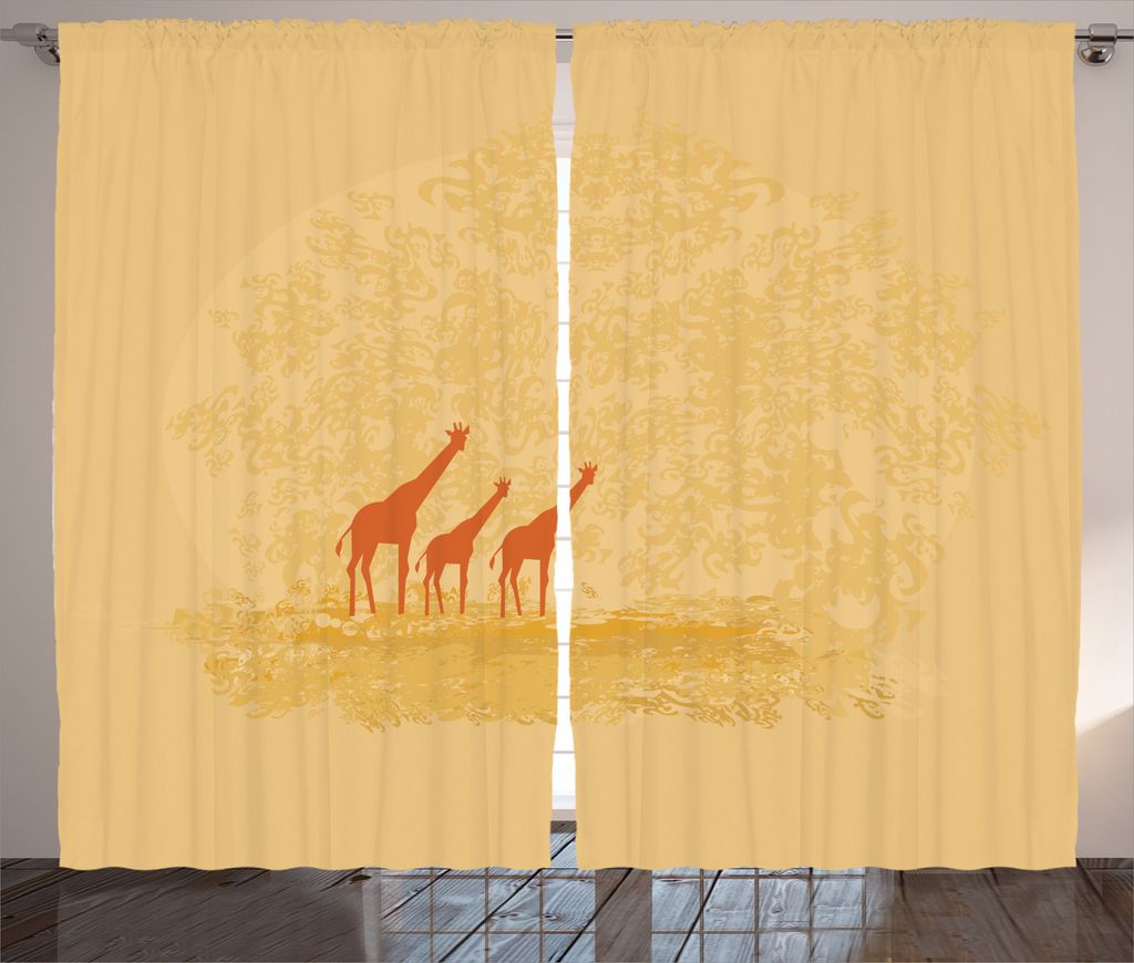 ABAKUHAUS Retro Rustikaler Gardine, Retro Safari Giraffen, Schlafzimmer Kräuselband Vorhang mit Schlaufen und Haken, 280 x 245 cm, Orange Creme