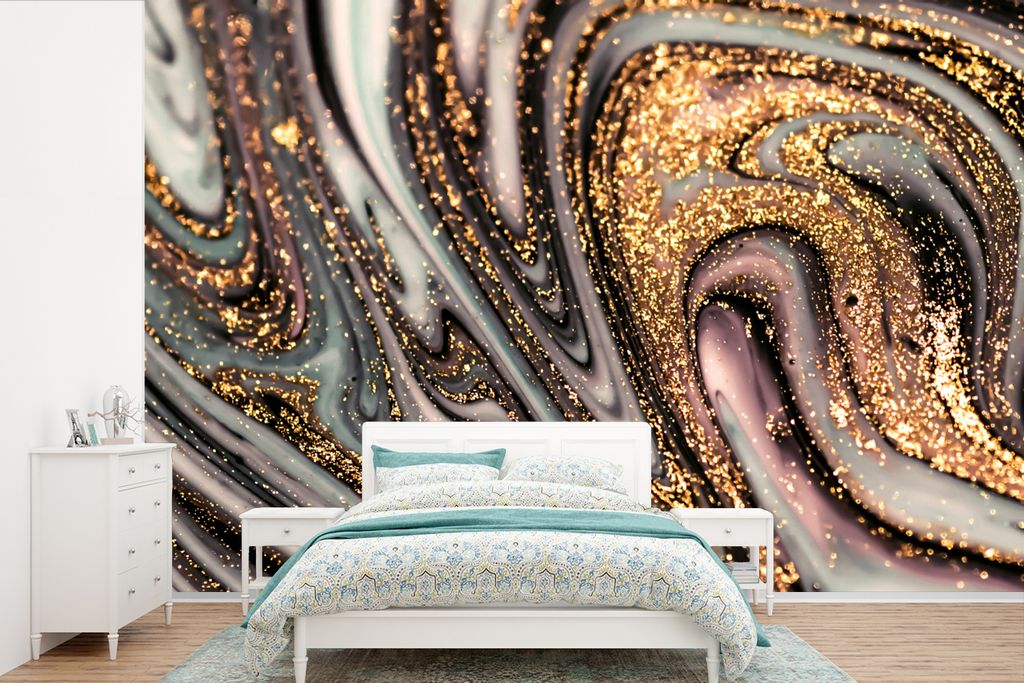 MuchoWow Fototapete für Wohnzimmer oder Schlafzimmer Wandtapete Vinyl Motivtapete Marmoroptik - Gold - Glitter - Luxus - Marmor - Weiß - 450x30...