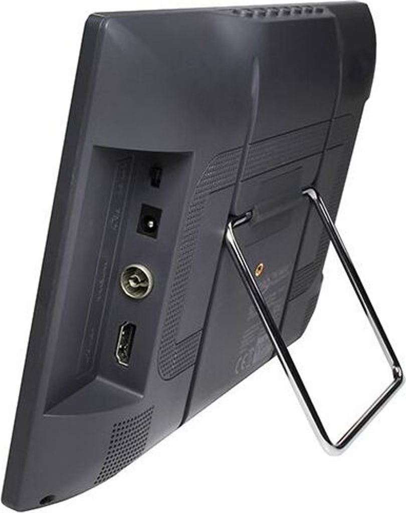The back view of a portable TV with its stand extended.