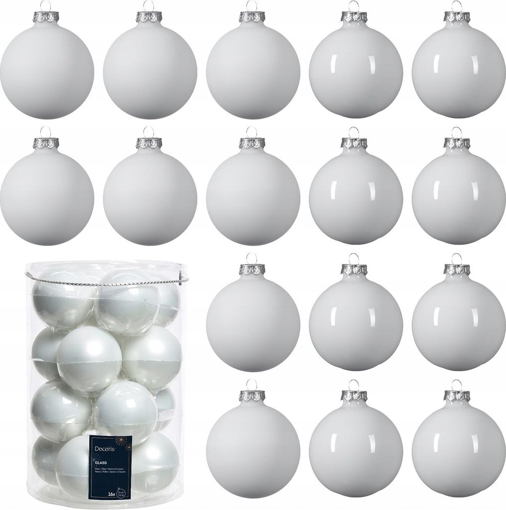 Glaskugelset Winterweiß 8 cm Durchmesser 16 Stück Produktbild 