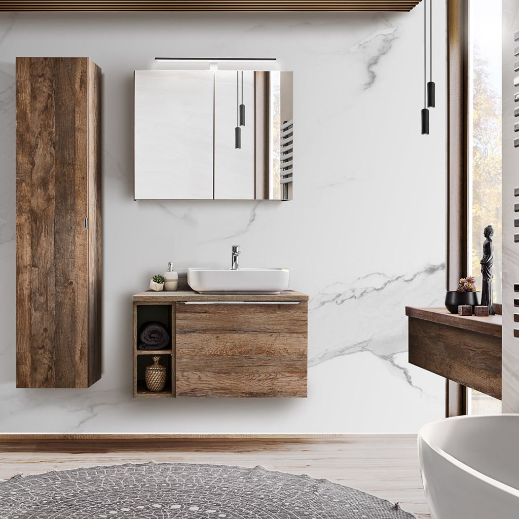 Badmöbel Set Vintage Oak Eiche PUEBLA-56 Waschtischunterschrank, Keramikbecken, Regal, LED-Spiegelschrank, Hochschrank, B/H/T ca. 135/200/46 cm