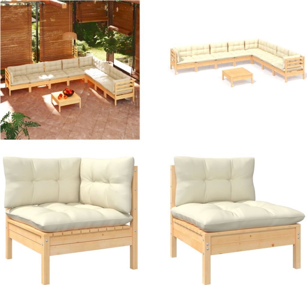 vidaXL 9 tlg. Garten Lounge Set mit Creme Kissen Massivholz Kiefer - Garten-Lounge-Set - Garten-Lounge-Sets - Gartenmöbel-Set - Gartenmöbel-Sets