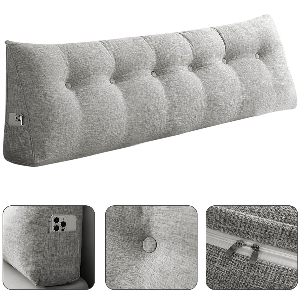 180cm Keilkissen Bett Großes Rückenkissen Bett Lesekissen für Bett und Sofa,Bettkissen Wandkissen Bett Lendenkissen mit Seitentaschen Grau (Leinen)
