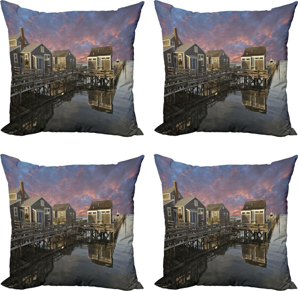 ABAKUHAUS Vereinigte Staaten Kissenbezug Set (4 Stück), Sonnenuntergang Nantucket, Moderner Doppelseitiger Digitaldruck, 45 cm x 45 cm, Coral Blue...