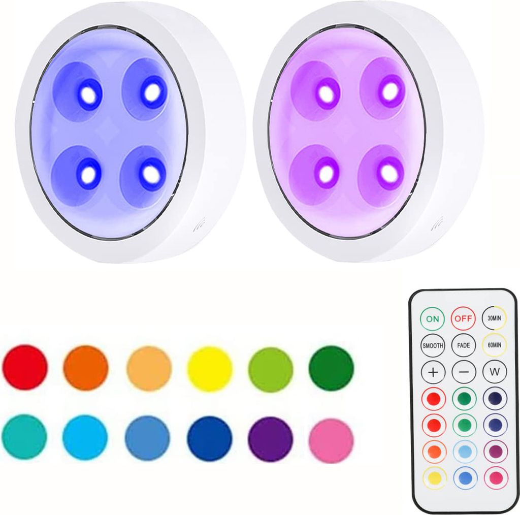 2 Stück RGB LED Unterbauleuchte Kabellos Dimmbar, Schrankbeleuchtung Batterie Timer 13 Farben Touch, LED Spot Fernbedienung Küche Regal Treppe,Weiß
