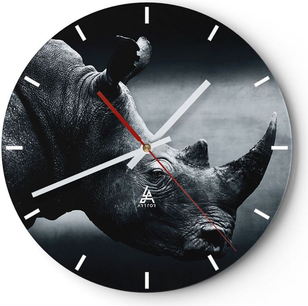 Wanduhr - Rund - Glasuhr - Nashorn Schwarzweiß Porträt - 30x30cm - Schleichendes Uhrwerk - Lautlos - zum Aufhängen bereit - Dekoration Modern - ...