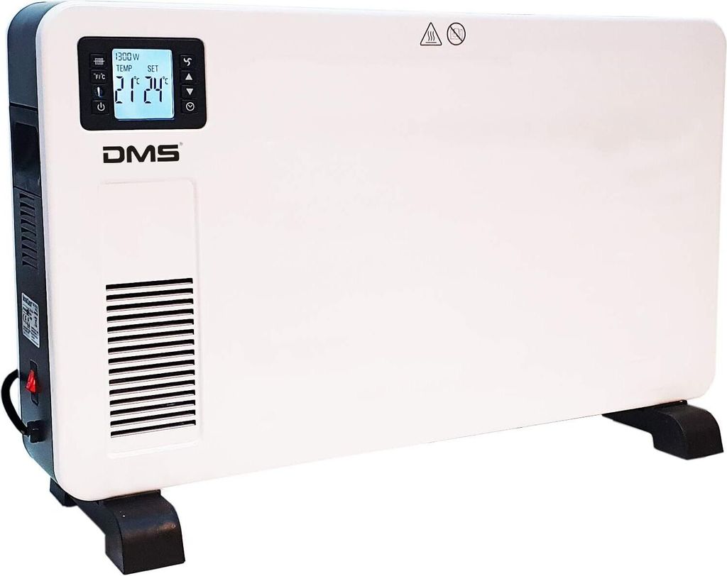 A white electric heater with a digital display and black feet, shown on a white background.