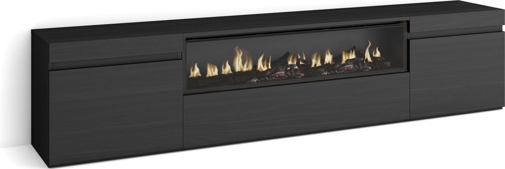A black media console with an integrated electric fireplace.