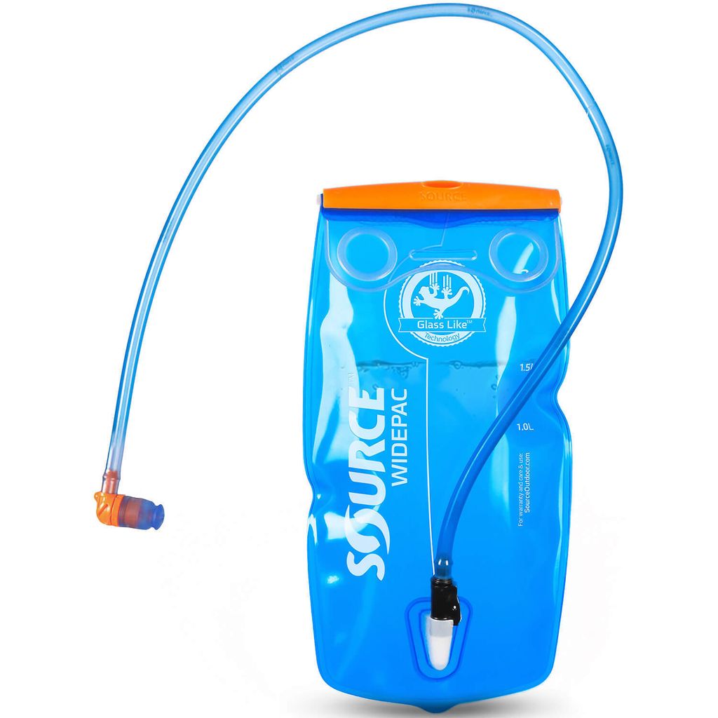 A blue hydration pack with an orange top and a blue drinking tube.