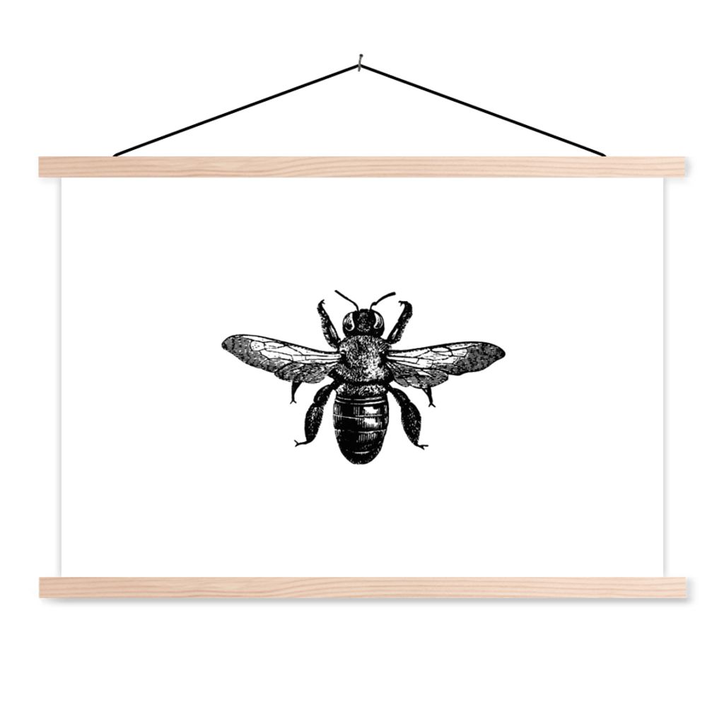 MuchoWow Textilposter Biene - Insekt - Vintage - Schwarz und weiß 60x40 cm mit holzfarbenen Rahmen - Bilder
