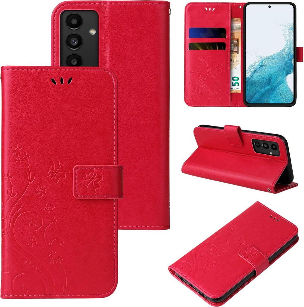 Handyhülle für Samsung Galaxy A54 5G Floral Blumen Schmetterling Flip Cover Hülle Case Klapphülle Handytasche Farbe: Rot