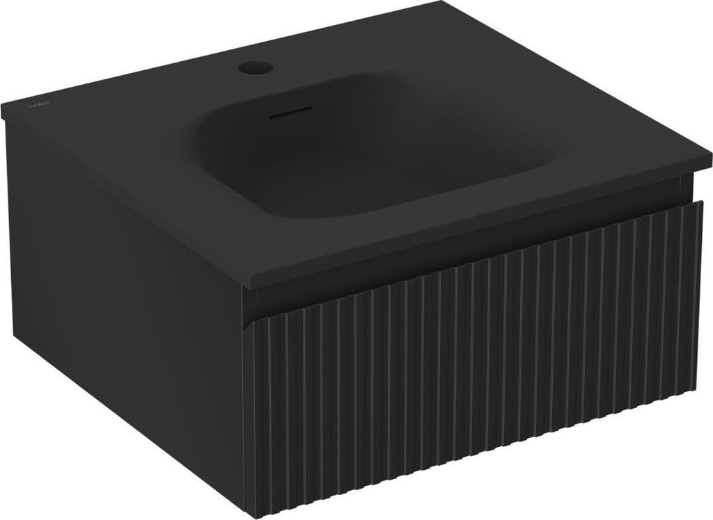Mexen Rivel Badezimmerschrank 50 cm mit Waschbecken Vela, 1 Schublade, gerillt, schwarz matt - 91A20-05023-1-BF71-W23M71