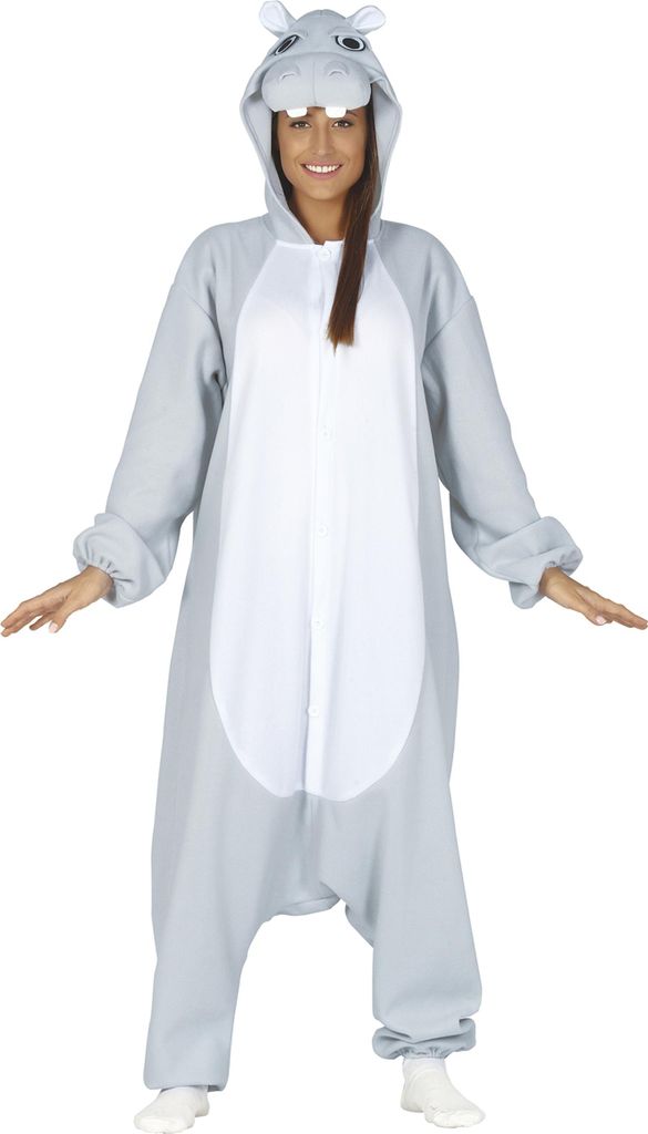 A woman wearing a grey hippopotamus onesie costume.