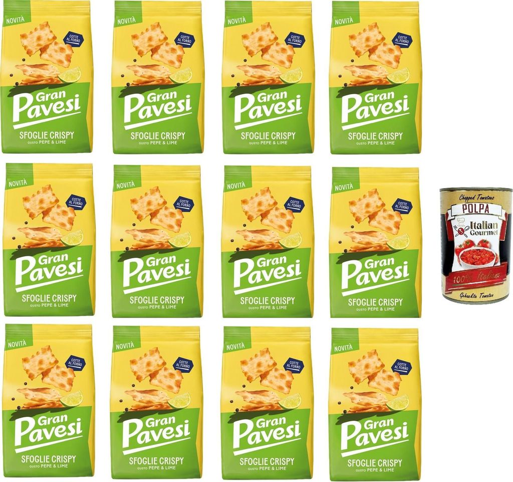 Gran Pavesi Knuspriger Blätterteig-Snack mit Pfeffer- und Limettengeschmack, gebacken, 12 x 150 g+ Italian Gourmet Polpa di Pomodoro 400g
