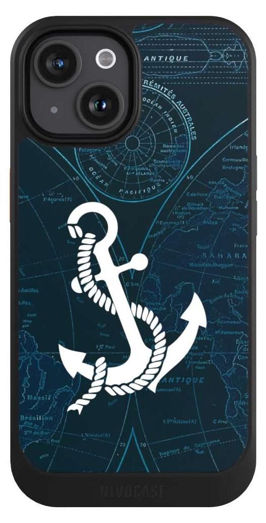 NIVOCASE Hülle für Apple iPhone 15 Handyhülle NIVOcore Case Schwarz Anker Landkarte Segeln