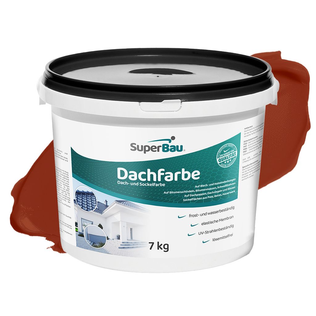 Superbau Dachfarbe Ziegelrot 7kg, Sockelfarbe WASSERDICHT, Fassadenfarbe für Außen, Dachbeschichtung für Blechdach, Bitumen, Dachpappe, Schindel...