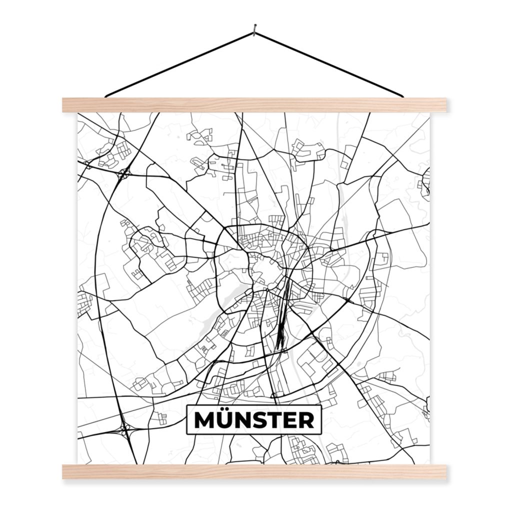 MuchoWow Textilposter Münster - Karte - Stadtplan 120x120 cm mit holzfarbenen Rahmen - Textil-Poster