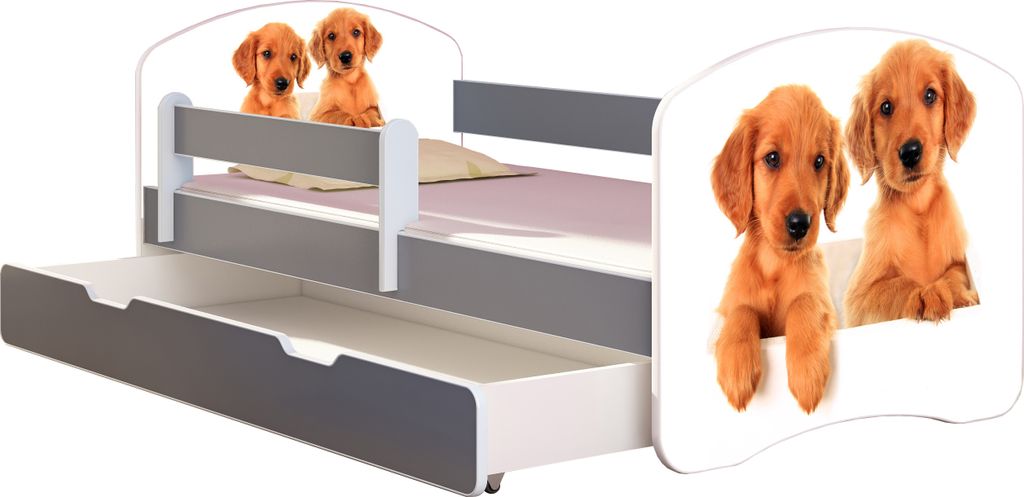 ACMA Jugendbett Kinderbett Junior-Bett Komplett-Set mit Matratze Lattenrost und Rausfallschutz Grau 39 Welpen 140x70 + Bettkasten
