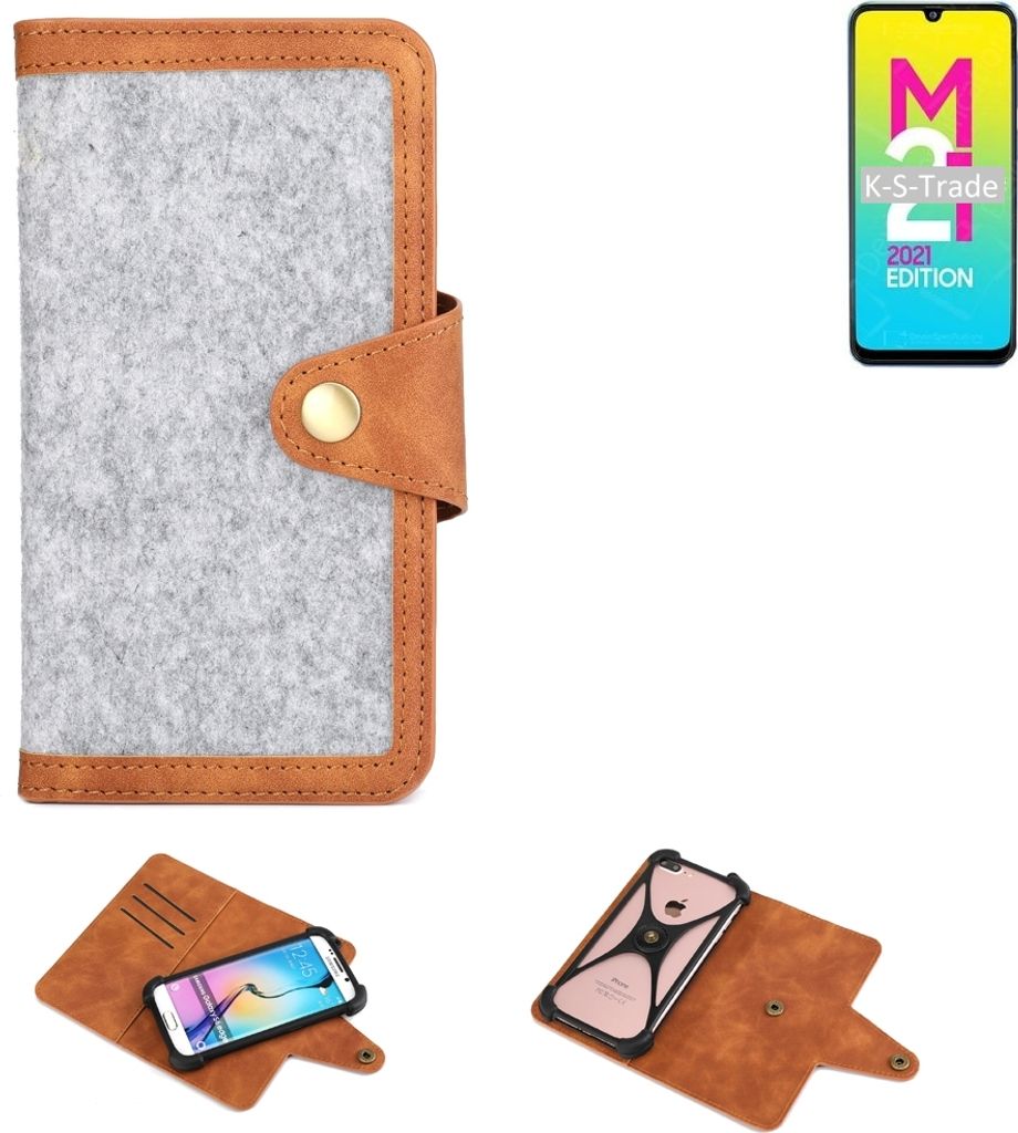 K-S-Trade Handyhülle kompatibel mit Samsung Galaxy M21 2021 Schutzhülle Filz-Hülle Kunst-Leder hellgrau braun (1x)
