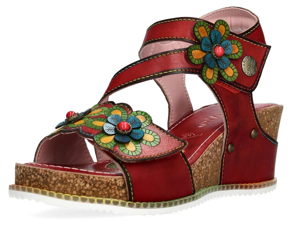 Laura Vita Damen Sandalette Leder Blumen und Keilabsatz in Korkoptik Bonito 39, Größe:39 EU, Farbe:Rot