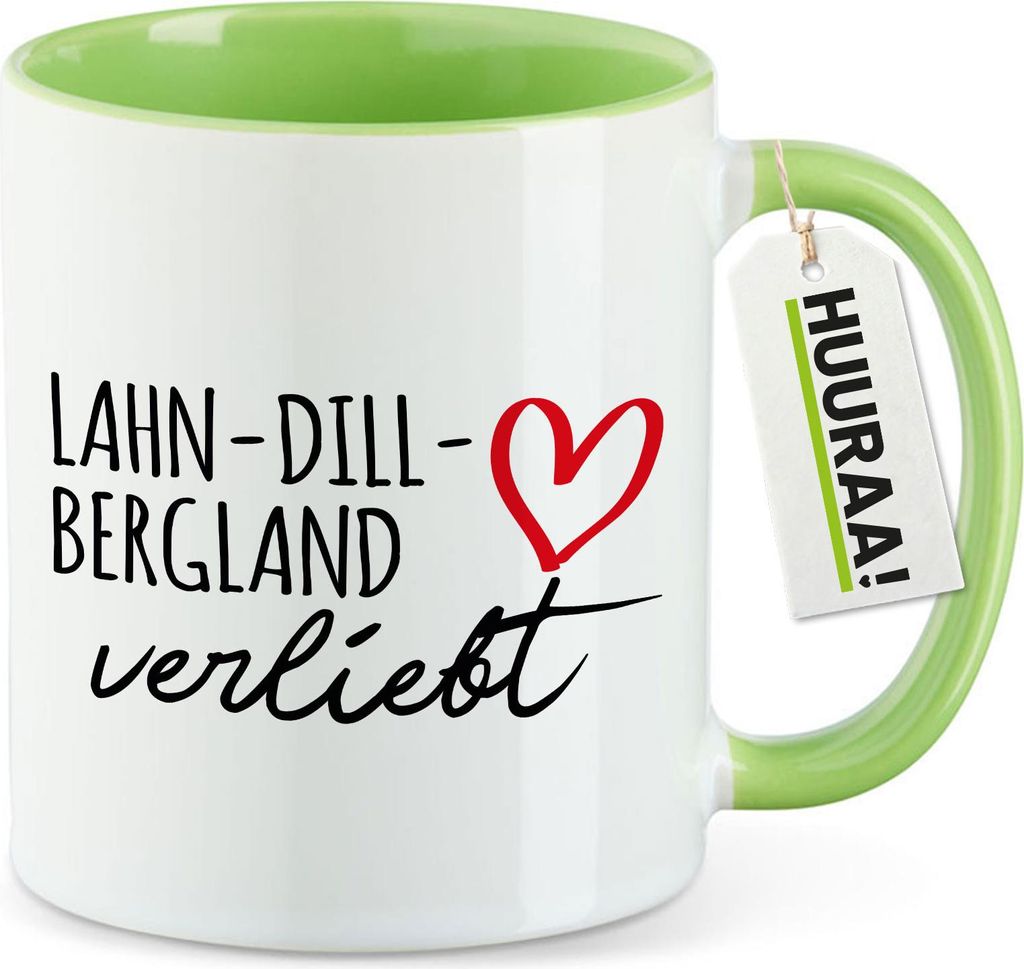 Huuraa Kaffeetasse Lahn-Dill-Bergland verliebt 330ml Grün Keramik Kaffeebecher Geschenkidee